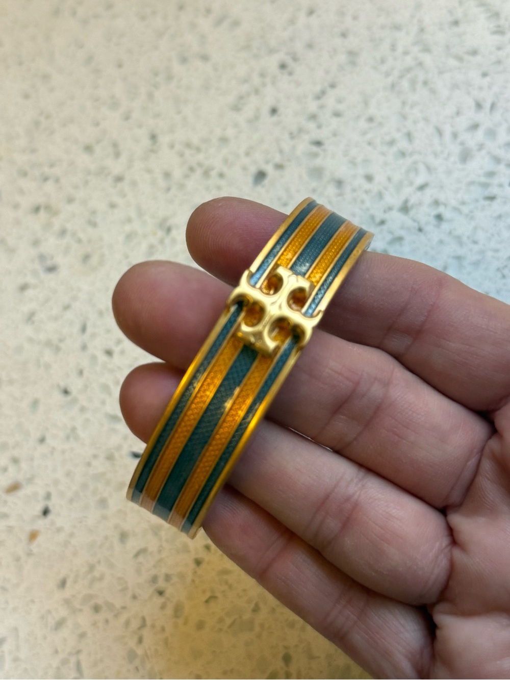 Tory Burch Gold and Green Striped Enamel Cuff Bracelet